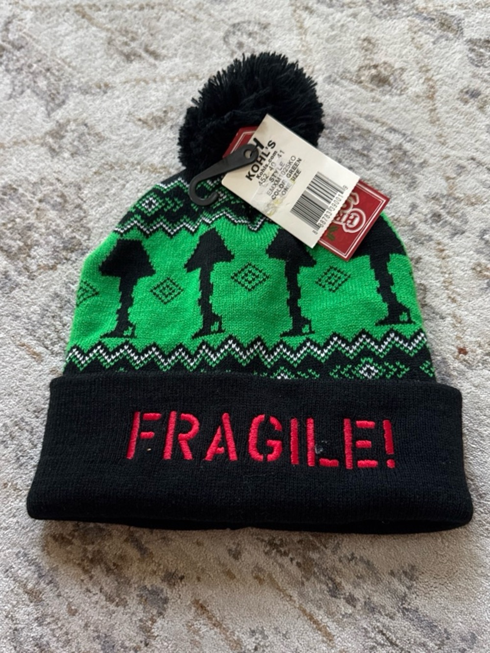 Kohl's Green & Black 'Fragile!' Pom Pom Beanie